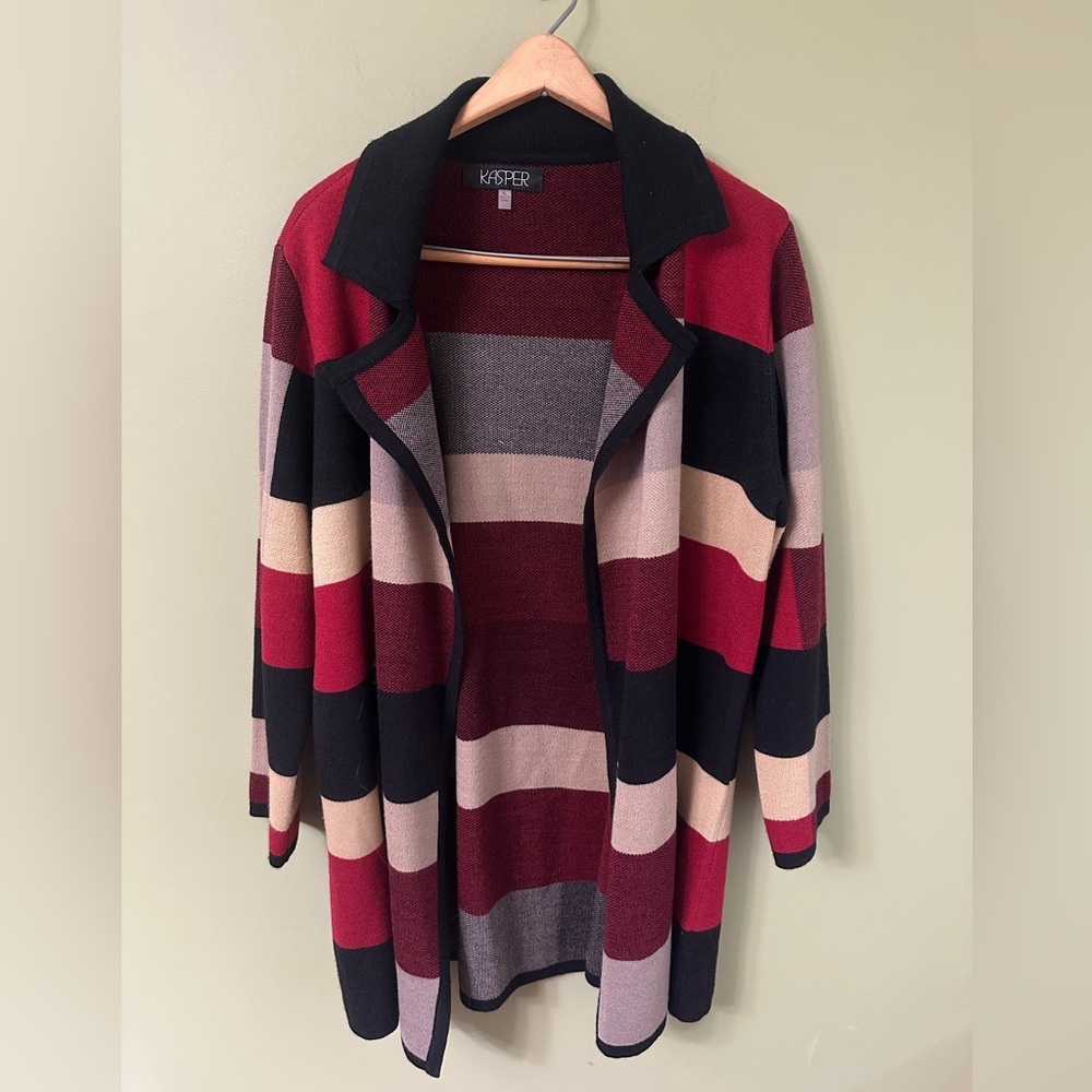 Kasper Womens Duster Size XL Cardigan Patchwork Collared Open Wool Acrylic Blend